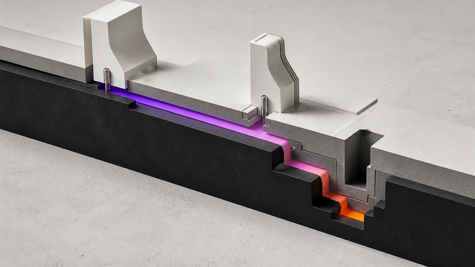 An architectural repository cutaway shows a shared root slab feeding two adapters and one nested scoped trench.
