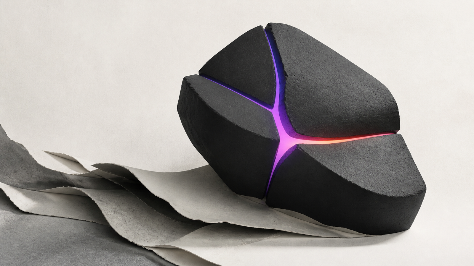 A charcoal core is sealed by a narrow purple-to-orange seam while obsolete layers peel away beneath it.